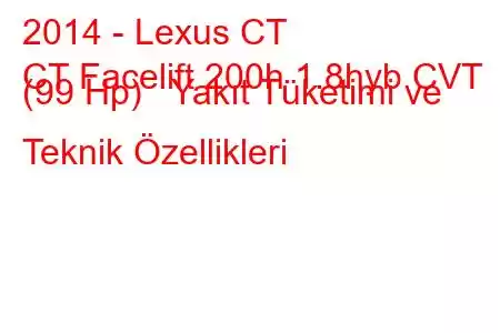 2014 - Lexus CT
CT Facelift 200h 1.8hyb CVT (99 Hp) Yakıt Tüketimi ve Teknik Özellikleri