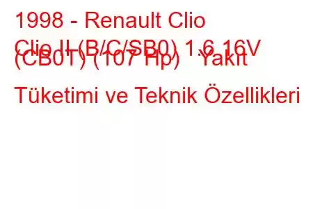 1998 - Renault Clio
Clio II (B/C/SB0) 1.6 16V (CB0T) (107 Hp) Yakıt Tüketimi ve Teknik Özellikleri