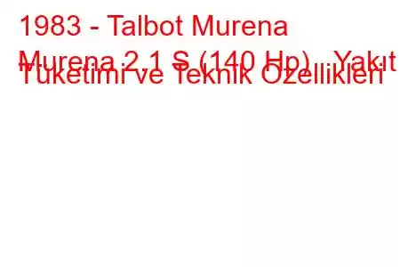 1983 - Talbot Murena
Murena 2.1 S (140 Hp) Yakıt Tüketimi ve Teknik Özellikleri