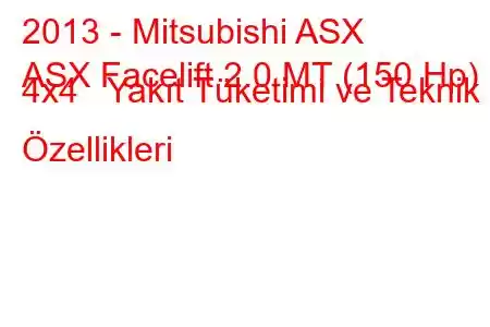 2013 - Mitsubishi ASX
ASX Facelift 2.0 MT (150 Hp) 4x4 Yakıt Tüketimi ve Teknik Özellikleri