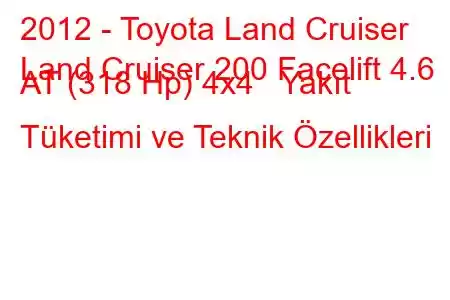 2012 - Toyota Land Cruiser
Land Cruiser 200 Facelift 4.6 AT (318 Hp) 4x4 Yakıt Tüketimi ve Teknik Özellikleri