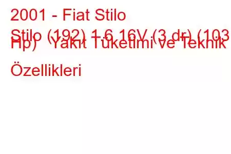 2001 - Fiat Stilo
Stilo (192) 1.6 16V (3 dr) (103 Hp) Yakıt Tüketimi ve Teknik Özellikleri