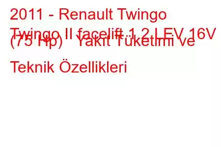 2011 - Renault Twingo
Twingo II facelift 1.2 LEV 16V (75 Hp) Yakıt Tüketimi ve Teknik Özellikleri