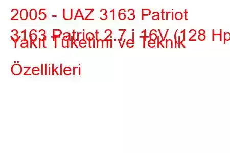 2005 - UAZ 3163 Patriot
3163 Patriot 2.7 i 16V (128 Hp) Yakıt Tüketimi ve Teknik Özellikleri