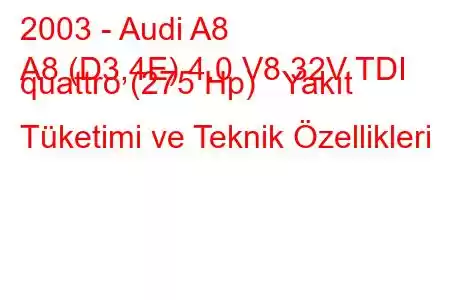 2003 - Audi A8
A8 (D3,4E) 4.0 V8 32V TDI quattro (275 Hp) Yakıt Tüketimi ve Teknik Özellikleri