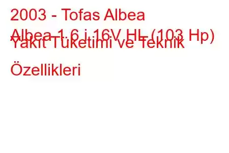 2003 - Tofas Albea
Albea 1.6 i 16V HL (103 Hp) Yakıt Tüketimi ve Teknik Özellikleri