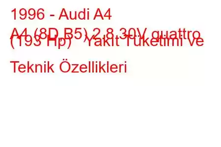 1996 - Audi A4
A4 (8D,B5) 2.8 30V quattro (193 Hp) Yakıt Tüketimi ve Teknik Özellikleri