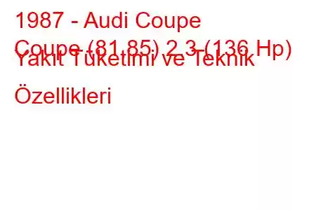 1987 - Audi Coupe
Coupe (81,85) 2.3 (136 Hp) Yakıt Tüketimi ve Teknik Özellikleri