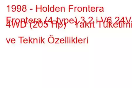 1998 - Holden Frontera
Frontera (4-type) 3.2 i V6 24V 4WD (205 Hp) Yakıt Tüketimi ve Teknik Özellikleri