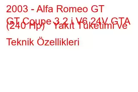 2003 - Alfa Romeo GT
GT Coupe 3.2 i V6 24V GTA (240 Hp) Yakıt Tüketimi ve Teknik Özellikleri