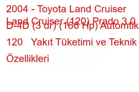 2004 - Toyota Land Cruiser
Land Cruiser (120) Prado 3.0 D-4D (3 dr) (166 Hp) Automtik 120 Yakıt Tüketimi ve Teknik Özellikleri