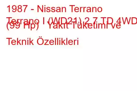 1987 - Nissan Terrano
Terrano I (WD21) 2.7 TD 4WD (99 Hp) Yakıt Tüketimi ve Teknik Özellikleri