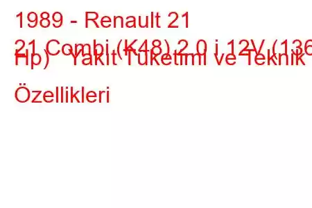 1989 - Renault 21
21 Combi (K48) 2.0 i 12V (136 Hp) Yakıt Tüketimi ve Teknik Özellikleri