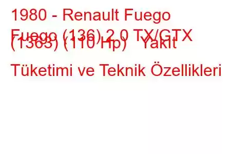 1980 - Renault Fuego
Fuego (136) 2.0 TX/GTX (1363) (110 Hp) Yakıt Tüketimi ve Teknik Özellikleri