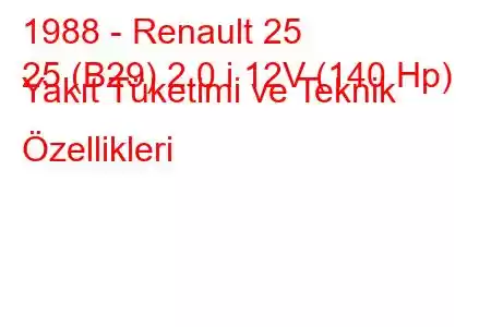 1988 - Renault 25
25 (B29) 2.0 i 12V (140 Hp) Yakıt Tüketimi ve Teknik Özellikleri