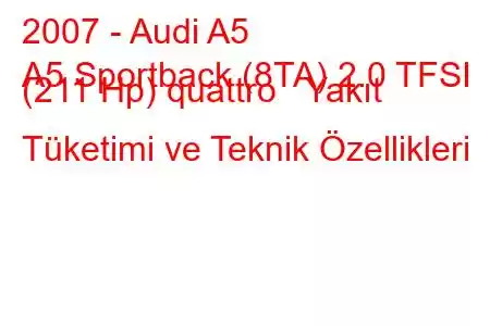 2007 - Audi A5
A5 Sportback (8TA) 2.0 TFSI (211 Hp) quattro Yakıt Tüketimi ve Teknik Özellikleri