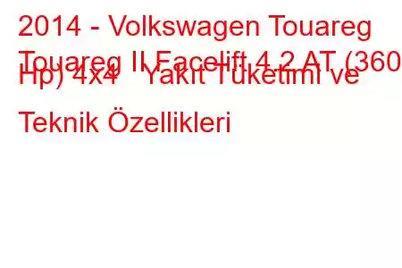 2014 - Volkswagen Touareg
Touareg II Facelift 4.2 AT (360 Hp) 4x4 Yakıt Tüketimi ve Teknik Özellikleri