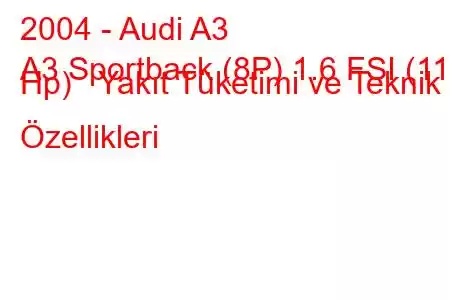 2004 - Audi A3
A3 Sportback (8P) 1.6 FSI (115 Hp) Yakıt Tüketimi ve Teknik Özellikleri