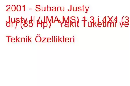 2001 - Subaru Justy
Justy II (JMA,MS) 1.3 i 4X4 (3 dr) (85 Hp) Yakıt Tüketimi ve Teknik Özellikleri