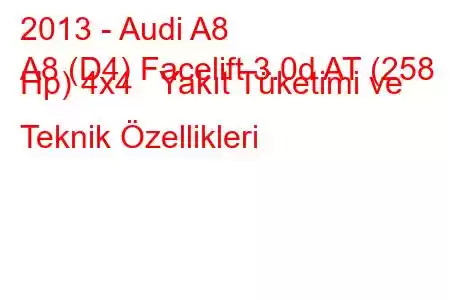 2013 - Audi A8
A8 (D4) Facelift 3.0d AT (258 Hp) 4x4 Yakıt Tüketimi ve Teknik Özellikleri