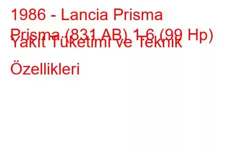 1986 - Lancia Prisma
Prisma (831 AB) 1.6 (99 Hp) Yakıt Tüketimi ve Teknik Özellikleri