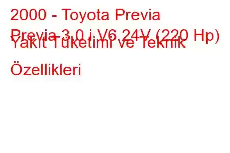 2000 - Toyota Previa
Previa 3.0 i V6 24V (220 Hp) Yakıt Tüketimi ve Teknik Özellikleri