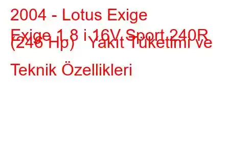 2004 - Lotus Exige
Exige 1.8 i 16V Sport 240R (246 Hp) Yakıt Tüketimi ve Teknik Özellikleri