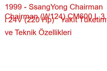 1999 - SsangYong Chairman
Chairman (W124) CM600 L 3.2 i 24V (220 Hp) Yakıt Tüketimi ve Teknik Özellikleri