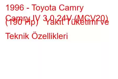 1996 - Toyota Camry
Camry IV 3.0 24V (MCV20) (190 Hp) Yakıt Tüketimi ve Teknik Özellikleri