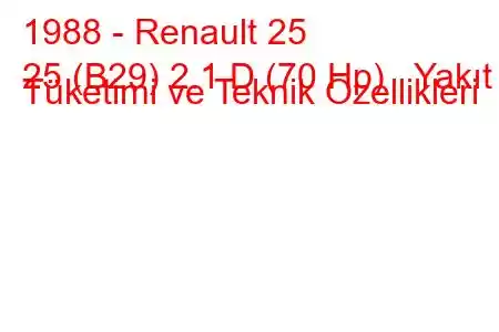 1988 - Renault 25
25 (B29) 2.1 D (70 Hp) Yakıt Tüketimi ve Teknik Özellikleri