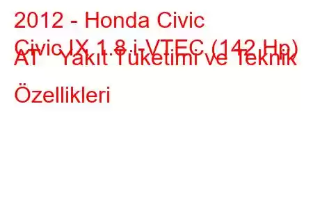 2012 - Honda Civic
Civic IX 1.8 i-VTEC (142 Hp) AT Yakıt Tüketimi ve Teknik Özellikleri