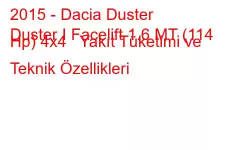 2015 - Dacia Duster
Duster I Facelift 1.6 MT (114 Hp) 4x4 Yakıt Tüketimi ve Teknik Özellikleri