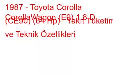 1987 - Toyota Corolla
CorollaWagon (E9) 1.8 D (CE90) (64 Hp) Yakıt Tüketimi ve Teknik Özellikleri