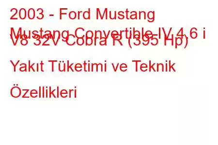 2003 - Ford Mustang
Mustang Convertible IV 4.6 i V8 32V Cobra R (395 Hp) Yakıt Tüketimi ve Teknik Özellikleri