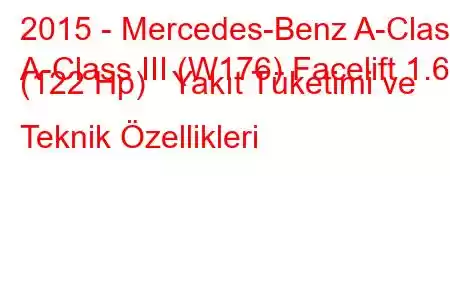 2015 - Mercedes-Benz A-Class
A-Class III (W176) Facelift 1.6 (122 Hp) Yakıt Tüketimi ve Teknik Özellikleri