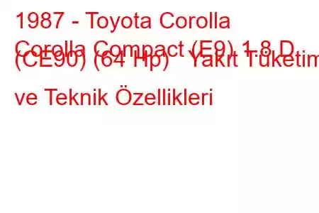 1987 - Toyota Corolla
Corolla Compact (E9) 1.8 D (CE90) (64 Hp) Yakıt Tüketimi ve Teknik Özellikleri