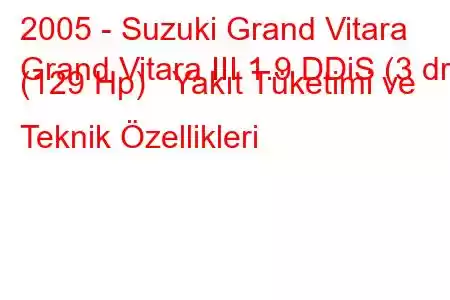 2005 - Suzuki Grand Vitara
Grand Vitara III 1.9 DDiS (3 dr) (129 Hp) Yakıt Tüketimi ve Teknik Özellikleri