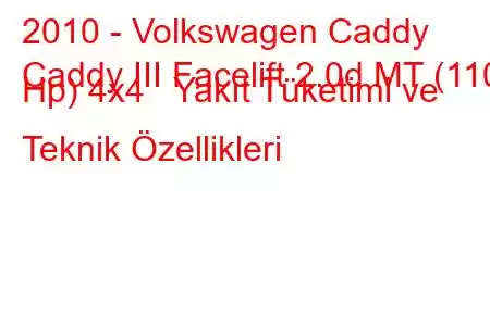 2010 - Volkswagen Caddy
Caddy III Facelift 2.0d MT (110 Hp) 4x4 Yakıt Tüketimi ve Teknik Özellikleri