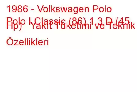 1986 - Volkswagen Polo
Polo I Classic (86) 1.3 D (45 Hp) Yakıt Tüketimi ve Teknik Özellikleri