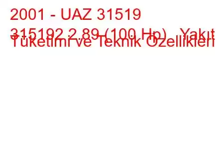 2001 - UAZ 31519
315192 2.89 (100 Hp) Yakıt Tüketimi ve Teknik Özellikleri