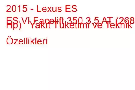 2015 - Lexus ES
ES VI Facelift 350 3.5 AT (268 Hp) Yakıt Tüketimi ve Teknik Özellikleri