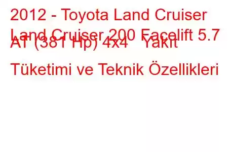 2012 - Toyota Land Cruiser
Land Cruiser 200 Facelift 5.7 AT (381 Hp) 4x4 Yakıt Tüketimi ve Teknik Özellikleri