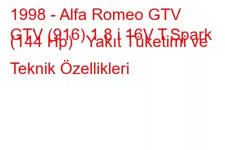 1998 - Alfa Romeo GTV
GTV (916) 1.8 i 16V T.Spark (144 Hp) Yakıt Tüketimi ve Teknik Özellikleri