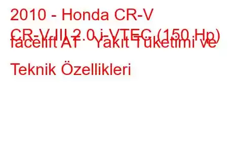 2010 - Honda CR-V
CR-V III 2.0 i-VTEC (150 Hp) facelift AT Yakıt Tüketimi ve Teknik Özellikleri