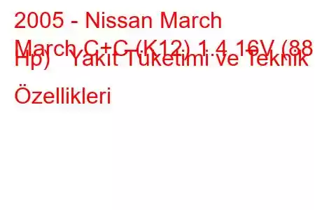 2005 - Nissan March
March C+C (K12) 1.4 16V (88 Hp) Yakıt Tüketimi ve Teknik Özellikleri