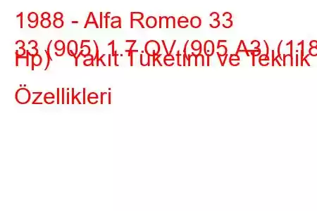 1988 - Alfa Romeo 33
33 (905) 1.7 QV (905.A3) (118 Hp) Yakıt Tüketimi ve Teknik Özellikleri