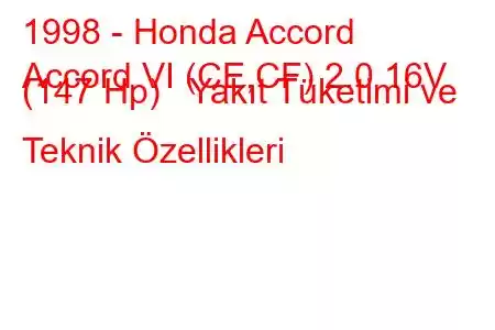 1998 - Honda Accord
Accord VI (CE,CF) 2.0 16V (147 Hp) Yakıt Tüketimi ve Teknik Özellikleri