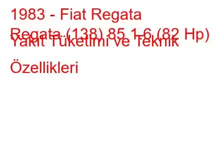 1983 - Fiat Regata
Regata (138) 85 1.6 (82 Hp) Yakıt Tüketimi ve Teknik Özellikleri