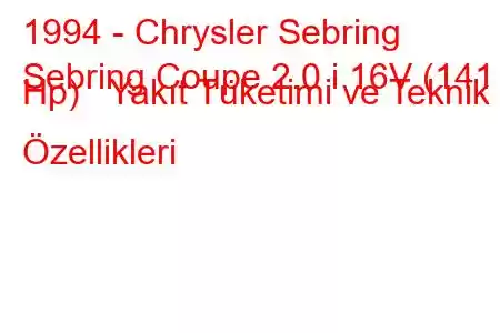 1994 - Chrysler Sebring
Sebring Coupe 2.0 i 16V (141 Hp) Yakıt Tüketimi ve Teknik Özellikleri