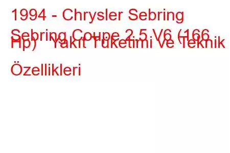 1994 - Chrysler Sebring
Sebring Coupe 2.5 V6 (166 Hp) Yakıt Tüketimi ve Teknik Özellikleri